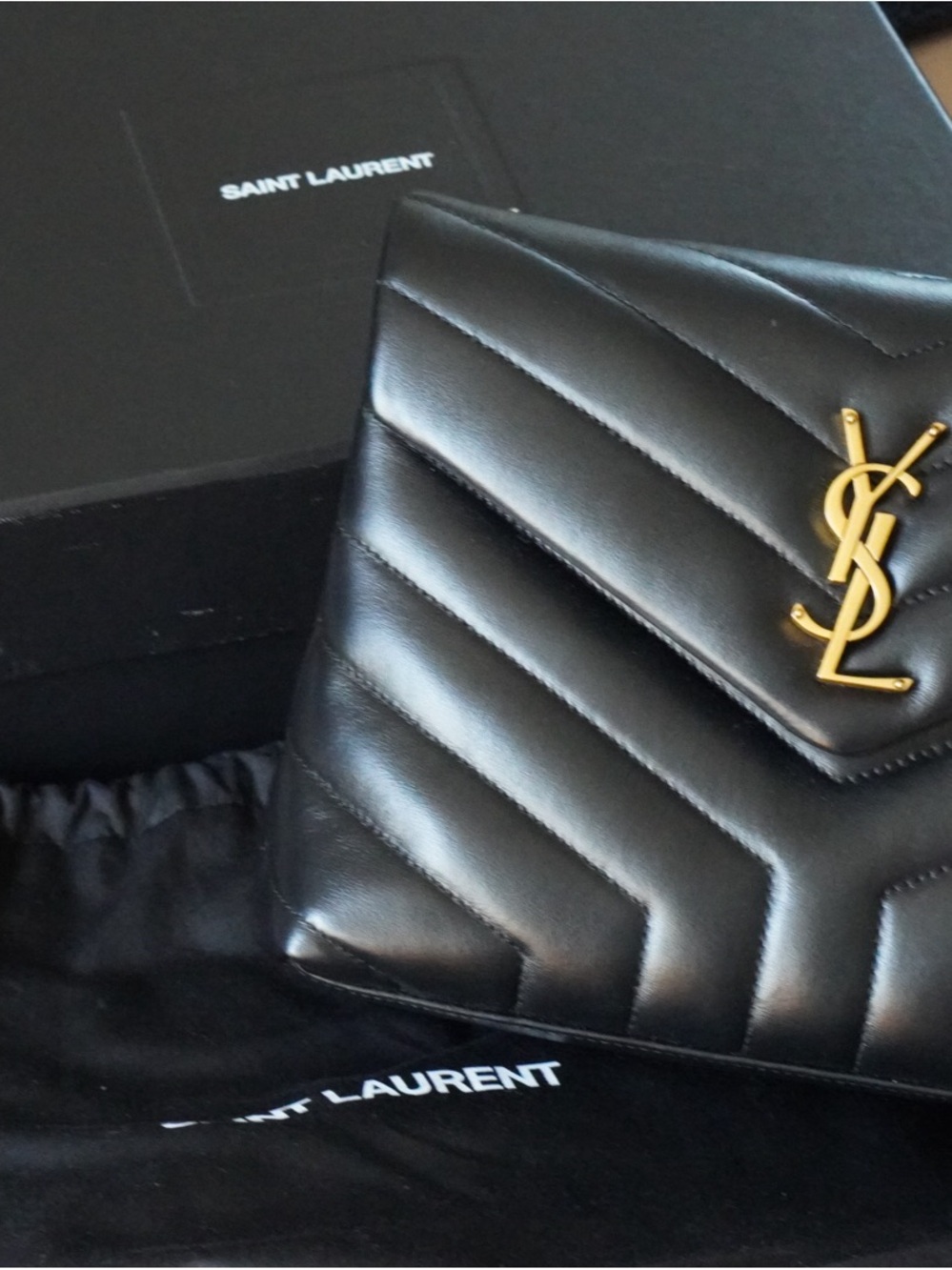 Saint Laurent Black Quilted Chevron Leather Envelope Clutch with Gold Logo